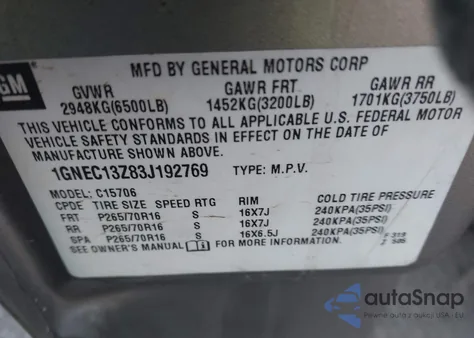 2003 Chevrolet Tahoe Lt z USA, uszkodzony, nr VIN 1GNEC13Z83J192769